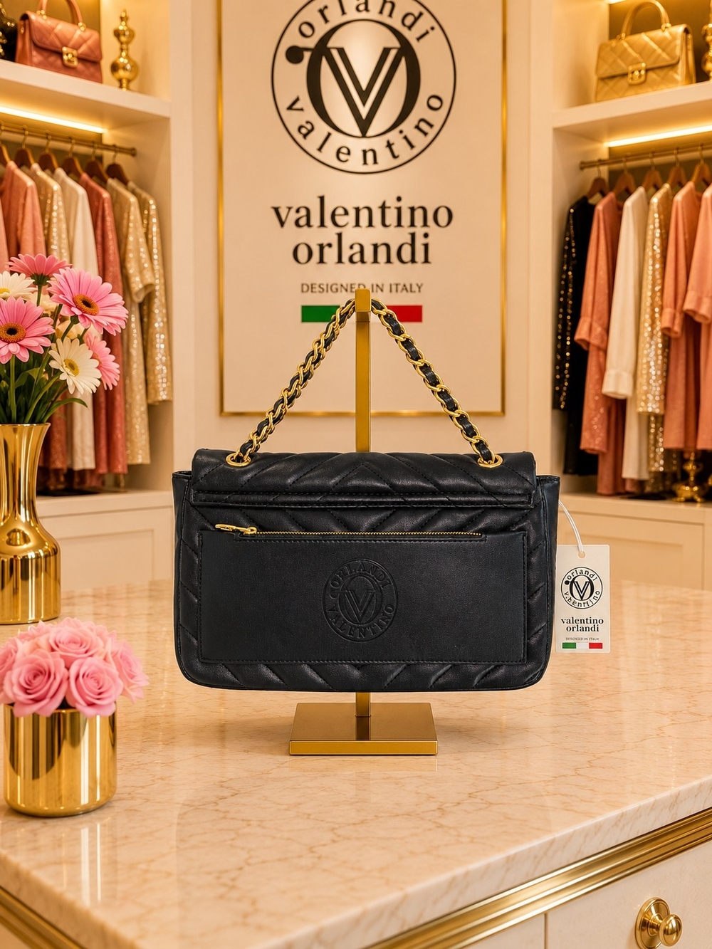 Brand New - Valentino Orlandi Black Quilted Shoulder Bag w Gold Chain Strap - Picture 2 of 5
